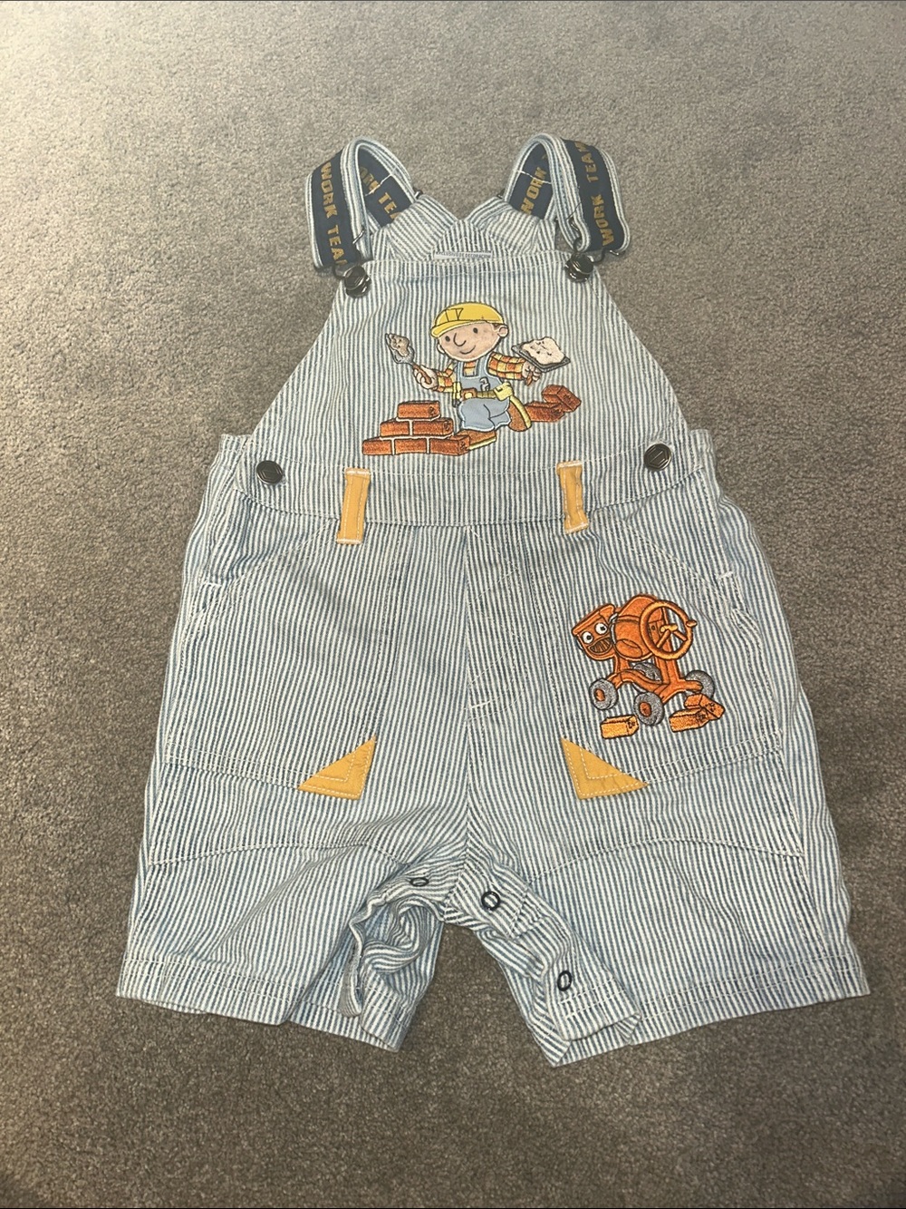 Blue & White Striped Construction Patch Overalls for Kids